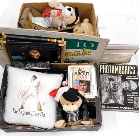 A quantity of Elvis Presley memorabilia and souvenirs, to include a cushion, a bear, musical figures, a miniature collectors chairs, collectors plates, etc.