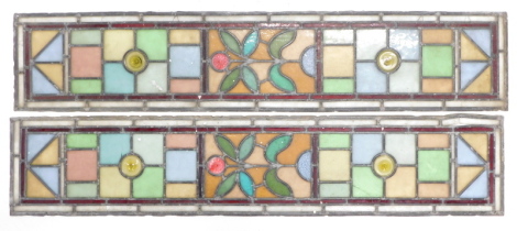 A pair of leaded stained glass narrow rectangular panels, (AF), 23cm x 111cm.