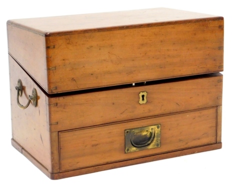 A 19thC Campaign style mahogany box, with vacant interior above a drawer with recessed brass handle and partially fitted interior, possibly a medicine chest, 39cm wide.