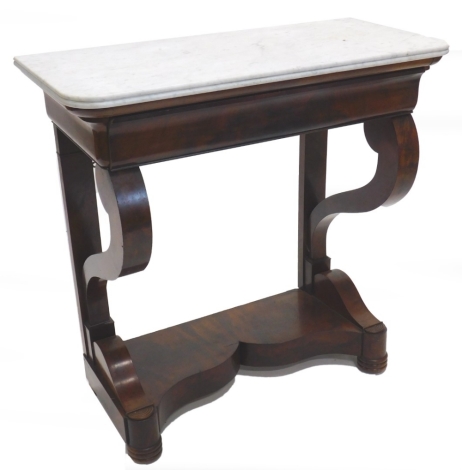 A 19thC French mahogany console table, the rectangular white variegated marble top with a channelled edge and rounded corners above a frieze drawer, on shaped supports with inverted platform and bun feet, 86cm high, 85.5cm wide, 41cm deep.