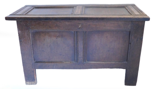 A late 17th/ early 18thC small panelled oak coffer, on styles, 100cm wide. Note: VAT is payable on the hammer price of this lot at 20%.