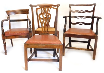 A George III mahogany open armchair, with a pierced ladder back, drop in seat, and H stretcher, another open armchair and two late 18th/ early 19thC side chairs, (4). Note: VAT is payable on the hammer price of this lot at 20%.