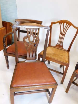 A George III mahogany open armchair, with a pierced ladder back, drop in seat, and H stretcher, another open armchair and two late 18th/ early 19thC side chairs, (4). Note: VAT is payable on the hammer price of this lot at 20%. - 3