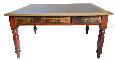 A late Victorian mahogany writing table, the rectangular top with a brown leatherette insert, and a moulded edge above three frieze drawers, each with recessed brass handles, on turned tapering legs, (AF), 76cm high, 153cm wide, 118cm deep. Note: VAT is p