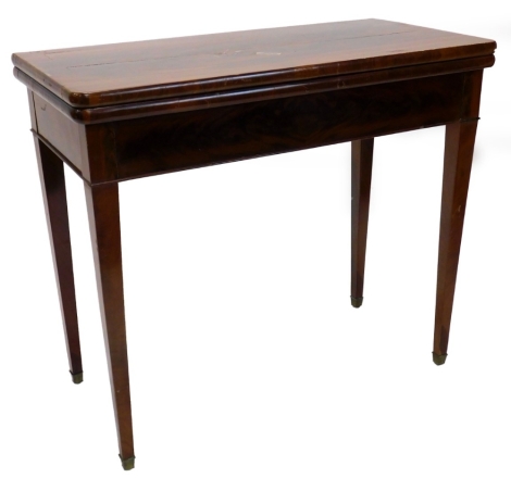 A 19thC French mahogany card table, the rectangular top with rounded ends on square tapering legs, (AF), 75cm high, 84cm wide.