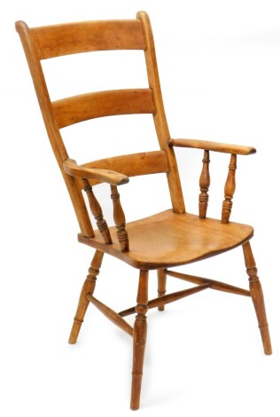 A 19thC satin birch and oak Windsor open armchair, with a solid seat on turned tapering legs, with H stretcher.