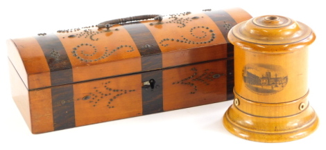 A Mauchline ware turned sycamore string box, with a printed scene for market place and parish church Market Rasen, and a domed jewellery box veneered in satin, birch and rosewood with cut steel decoration. (2)