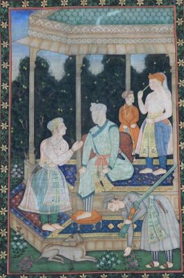 A 19thC Indian linen panel, painted with five figures and a hound, in colours, 88cm x 58cm.