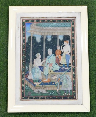 A 19thC Indian linen panel, painted with five figures and a hound, in colours, 88cm x 58cm. - 2