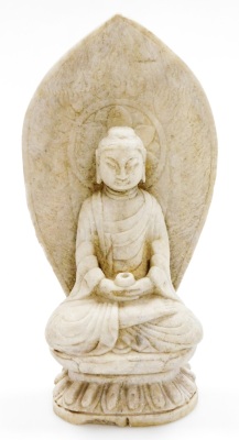 An 18thC Chinese carved stone figure of a man sat in the Lotus position holding a cup, on a carved open work wood base, 44cm high, 24cm wide, 16cm deep. - 2