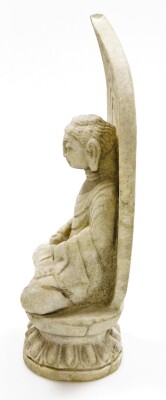 An 18thC Chinese carved stone figure of a man sat in the Lotus position holding a cup, on a carved open work wood base, 44cm high, 24cm wide, 16cm deep. - 3