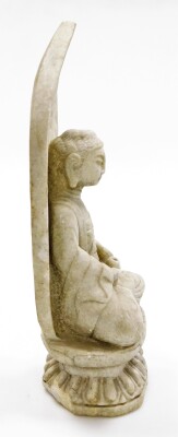 An 18thC Chinese carved stone figure of a man sat in the Lotus position holding a cup, on a carved open work wood base, 44cm high, 24cm wide, 16cm deep. - 5