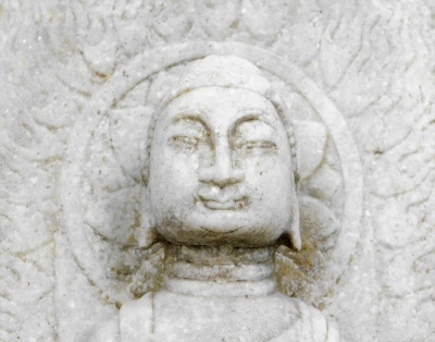 An 18thC Chinese carved stone figure of a man sat in the Lotus position holding a cup, on a carved open work wood base, 44cm high, 24cm wide, 16cm deep. - 7