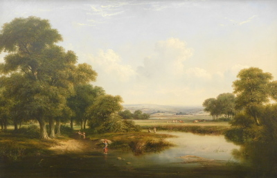 Attributed to Walter Heath Williams (act.1841- c.1876). Extensive landscape with five figures crossing a stream on a pathway and the riverbank, cattle in the foreground of a rolling landscape with trees, oil on canvas, 66cm x 102cm.