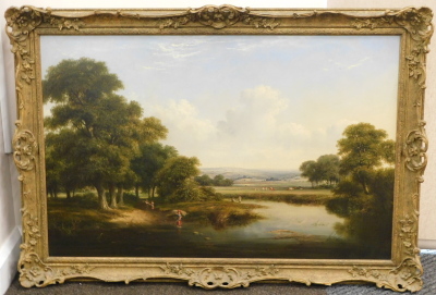 Attributed to Walter Heath Williams (act.1841- c.1876). Extensive landscape with five figures crossing a stream on a pathway and the riverbank, cattle in the foreground of a rolling landscape with trees, oil on canvas, 66cm x 102cm. - 2