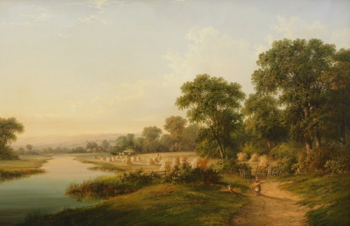 Attributed to Walter Heath Williams (act.1841-c.1876). Landscape, with figures in the foreground carrying wheat sheaves and beyond the path and gate, a field with hay cart and other figures with corn stoops adjacent to a river, oil on canvas, 67cm x 102cm