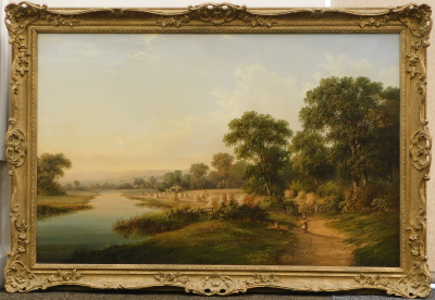 Attributed to Walter Heath Williams (act.1841-c.1876). Landscape, with figures in the foreground carrying wheat sheaves and beyond the path and gate, a field with hay cart and other figures with corn stoops adjacent to a river, oil on canvas, 67cm x 102cm - 2