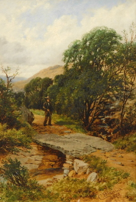 Charles Blacklock (1878-c.1893). Landscape with fisherman approaching a river crossing, titled Nr Bettwys y Coed to the velvet applied mount board, oil on panel, signed C. Blackrock 1878, 24cm x 16cm, bears title typed verso and a Windsor & Newton prepare