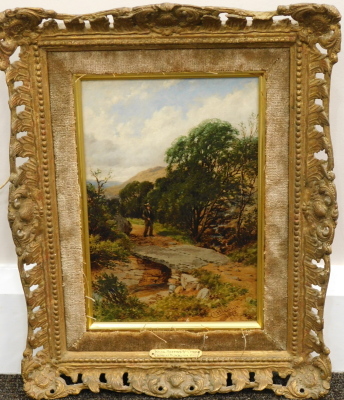 Charles Blacklock (1878-c.1893). Landscape with fisherman approaching a river crossing, titled Nr Bettwys y Coed to the velvet applied mount board, oil on panel, signed C. Blackrock 1878, 24cm x 16cm, bears title typed verso and a Windsor & Newton prepare - 2