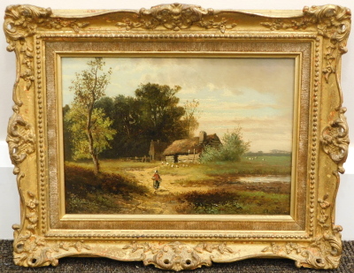 Abraham Hulk Jnr (1851-1922). Landscape with thatched barn and cottage, geese or chickens nearby and figures approaching the foreground, oil on panel, signed, 17cm x 25cm. - 2