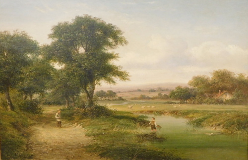 Attributed to Walter Heath Williams (act.1841-c.1876). Landscapes with figures in the foreground and sheep in the distance, oil on canvas, - pair, 46cm x 66cm, gilt framed.