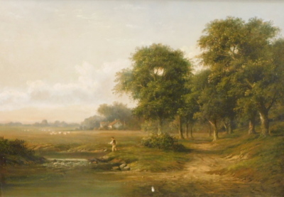 Attributed to Walter Heath Williams (act.1841-c.1876). Landscapes with figures in the foreground and sheep in the distance, oil on canvas, - pair, 46cm x 66cm, gilt framed. - 2