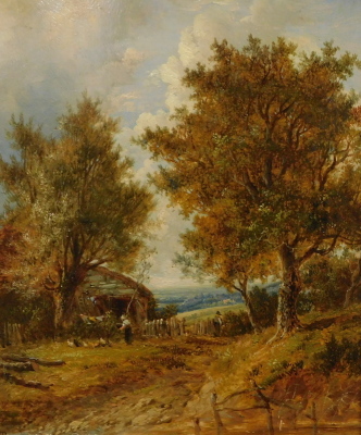 Joseph Thors (1835-1920). Farmstead scene with figures and chickens, oil on board, signed, 29cm x 24cm, labelled verso as a Windsor & Newton prepared millboard.