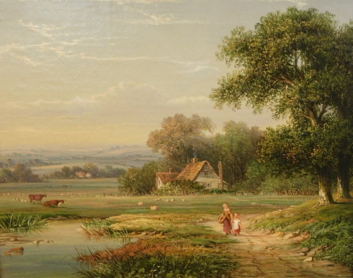 Attributed to Walter Heath Williams (act.1841-c.1876). Landscape with two young children in the foreground on a path by a pond, with cattle and sheep within the grounds of a cottage, oil on canvas, 26cm x 31cm, ex-lot No. verso possibly Goldings.