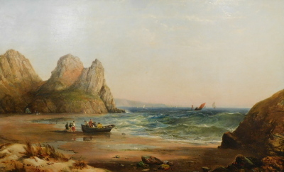 Alfred Clint (1807-1883). Cove scenes with many figures and sailing boats, oil on canvas - pair, signed and one dated 1864, 39cm x 60cm.