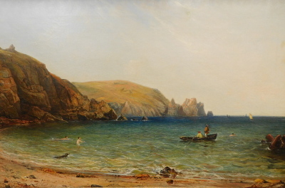 Alfred Clint (1807-1883). Cove scenes with many figures and sailing boats, oil on canvas - pair, signed and one dated 1864, 39cm x 60cm. - 2