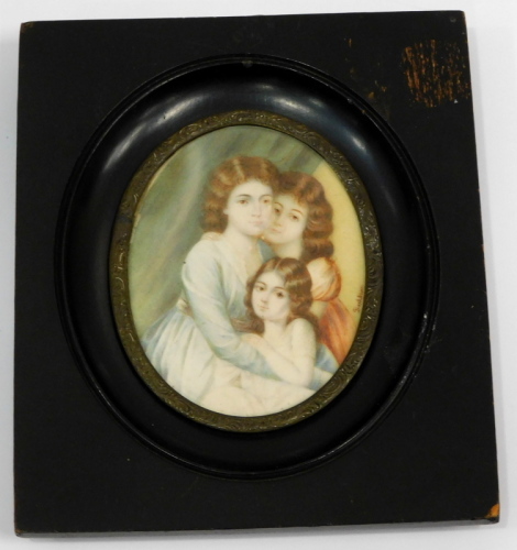 A colour print triple portrait minature, 14cm x 12cm inc. frame.