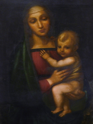 Italian School. Virgin and child, oil on canvas, indistinctly titled verso, 86cm x 58cm.