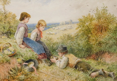 Myles Birkett Foster (1825-1899). Figures in a landscape examining bird's eggs, watercolour, monogrammed, 17cm x 26cm.