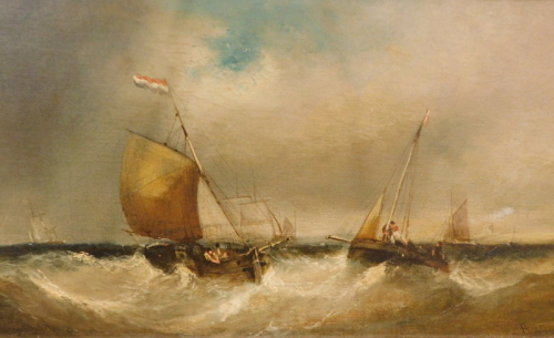 E.J. Walters (19thC School). Dutch fishing boats in a breeze, oil on canvas, signed, attributed to the mount, circa. 1850, 24cm x 44cm.