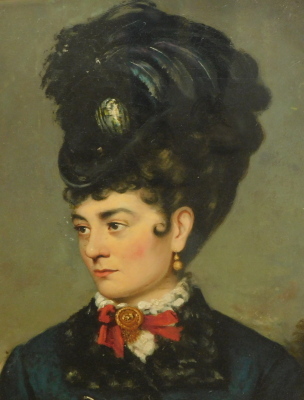 19thC English School. Figure of a lady facing sinister, wearing elaborate feather hat and neck jewel, shoulder portrait, oil on canvas, 60cm x 45cm.