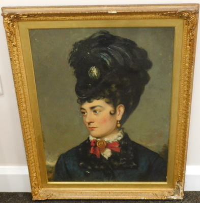 19thC English School. Figure of a lady facing sinister, wearing elaborate feather hat and neck jewel, shoulder portrait, oil on canvas, 60cm x 45cm. - 2