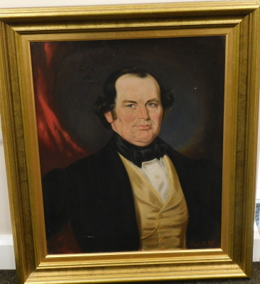 P. Huntington (fl.1887). Portrait of a gentleman dressed in finery, wearing watch chain, waistcoat and black bow, quarter profile, signed and dated, oil on canvas, 68cm x 57cm. - 2