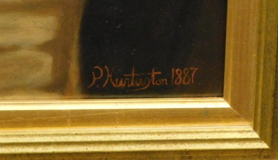 P. Huntington (fl.1887). Portrait of a gentleman dressed in finery, wearing watch chain, waistcoat and black bow, quarter profile, signed and dated, oil on canvas, 68cm x 57cm. - 3