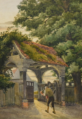 19thC English School. Figure holding pickaxe entering a church on a summers evening, watercolour, unsigned, 26cm x 17cm. R.A. Allen Esq. Victorian stamp letter verso.