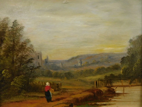 19thC English School. Figure on a path before trees and ruin, oil on board, unsigned, attributed verso School of Bonnington, 16cm x 22cm.