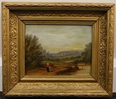 19thC English School. Figure on a path before trees and ruin, oil on board, unsigned, attributed verso School of Bonnington, 16cm x 22cm. - 2