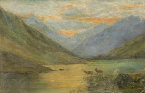 19thC Scottish School. Loch scene, stags before mountain on a twilight evening, oil on canvas, unsigned, 38cm x 54cm.