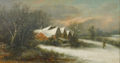 William Stone (1840-1913). Woodland winter scene, figure on a path before cottage and trees, clouds gathering, oil on canvas, signed and dated 1885, 31cm x 60cm.