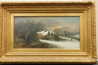 William Stone (1840-1913). Woodland winter scene, figure on a path before cottage and trees, clouds gathering, oil on canvas, signed and dated 1885, 31cm x 60cm. - 2