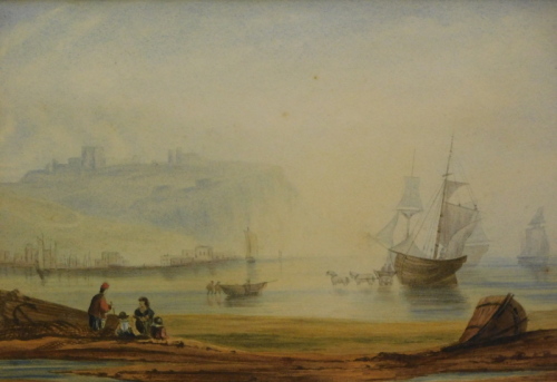 19thC English School. Figures before ships, drying sails, possibly Scarborough, watercolour, unsigned, 26cm x 35cm.