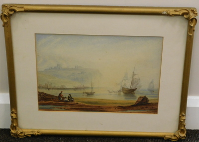 19thC English School. Figures before ships, drying sails, possibly Scarborough, watercolour, unsigned, 26cm x 35cm. - 2