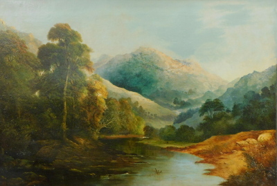 19thC School. Mountain landscape, oil on canvas, indistinctly signed and dated 1864, 85cm x 127cm.