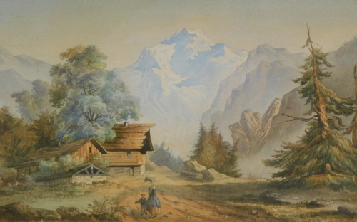 19thC Continental School. Mountain landscape with figures in the foreground, watercolour, 35cm x 53cm.