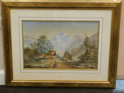 19thC Continental School. Mountain landscape with figures in the foreground, watercolour, 35cm x 53cm. - 2