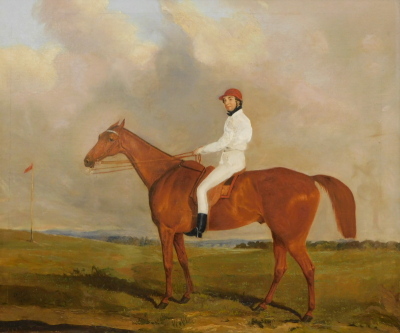 Joseph Dunn (1806-1860). Racehorse with jockey wearing white silks and red cap, signed and dated (18)43, 68cm x 75cm.